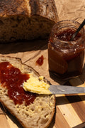 Mermelada de ruibarbo, fresa y frambuesa